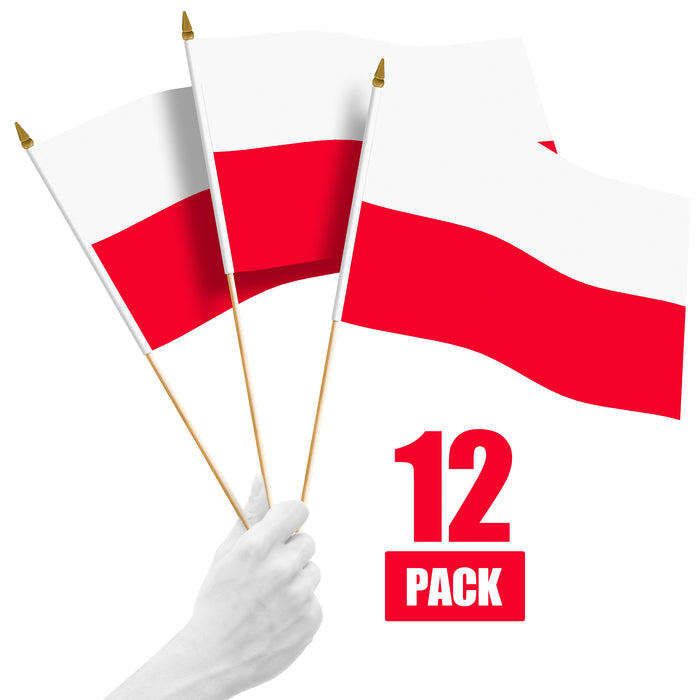 G128 12 Pack Handheld Poland Polish Stick Flags | 12x18 In | Printed 150D Polyester, Country Flag, Solid Wooden Stick, Spear Gold Tip
