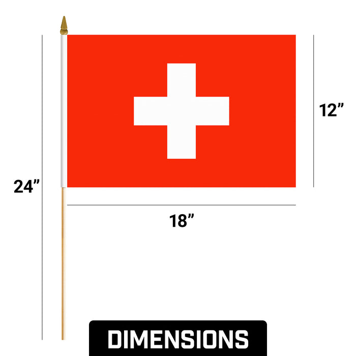 G128 24 Pack Handheld Switzerland Swiss Stick Flags | 12x18 In | Printed 150D Polyester, Country Flag, Solid Wooden Stick, Spear Gold Tip