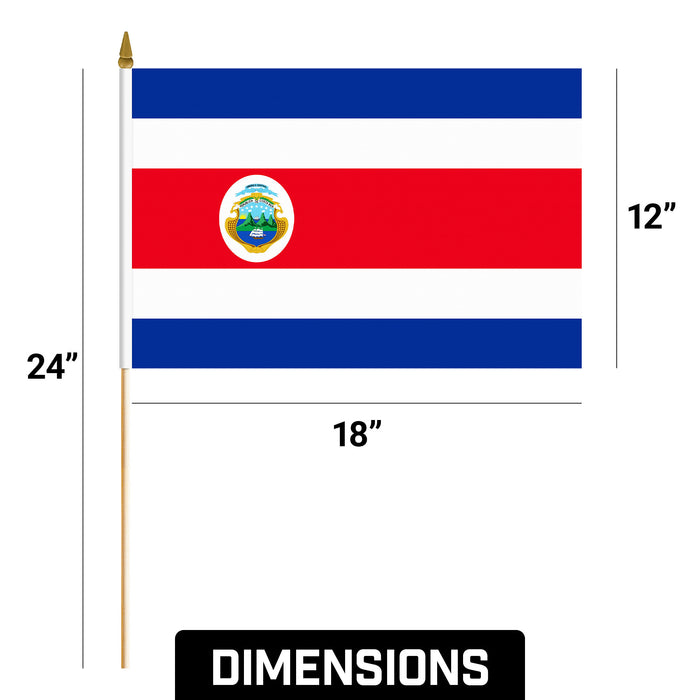 G128 30 Pack Handheld Costa Rica Costa Rican Stick Flags | 12x18 In | Printed 150D Polyester, Country Flag, Solid Wooden Stick, Spear Gold Tip