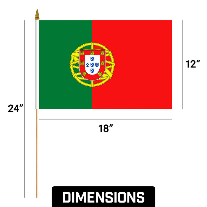 G128 24 Pack Handheld Portugal Portuguese Stick Flags | 12x18 In | Printed 150D Polyester, Country Flag, Solid Wooden Stick, Spear Gold Tip