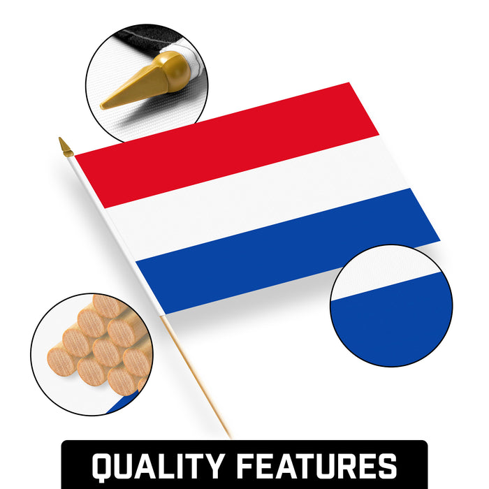 G128 12 Pack Handheld Netherlands Dutch Stick Flags | 12x18 In | Printed 150D Polyester, Country Flag, Solid Wooden Stick, Spear Gold Tip