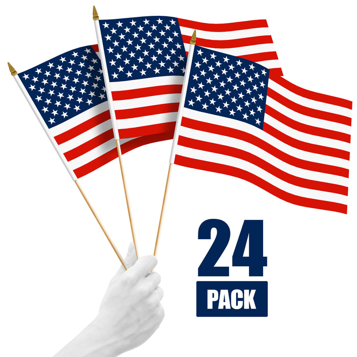 G128 24 Pack Handheld American USA Stick Flags | 12x18 In | Printed 150D Polyester, Country Flag, Solid Wooden Stick, Spear Gold Tip, Great for Patriotic Decorations