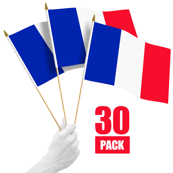 G128 30 Pack Handheld France French Stick Flags | 12x18 In | Printed 150D Polyester, Country Flag, Solid Wooden Stick, Spear Gold Tip