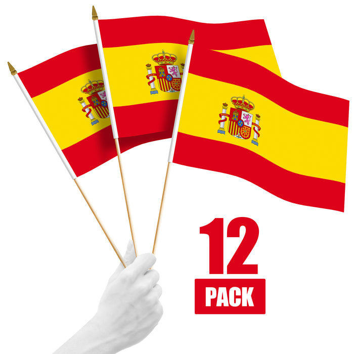 G128 12 Pack Handheld Spain Spanish Stick Flags | 12x18 In | Printed 150D Polyester, Country Flag, Solid Wooden Stick, Spear Gold Tip