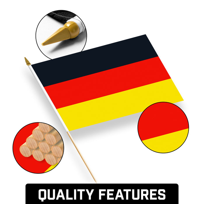 G128 12 Pack Handheld Germany German Stick Flags | 12x18 In | Printed 150D Polyester, Country Flag, Solid Wooden Stick, Spear Gold Tip