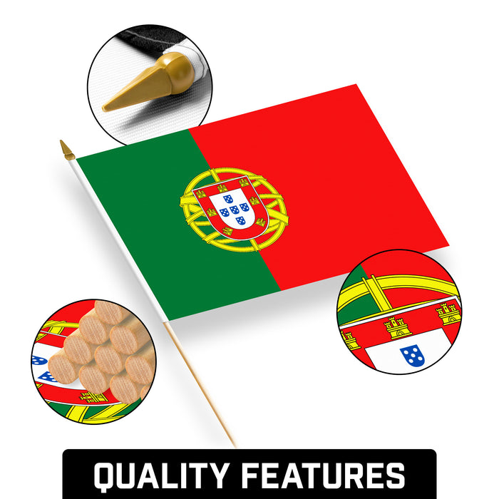 G128 12 Pack Handheld Portugal Portuguese Stick Flags | 12x18 In | Printed 150D Polyester, Country Flag, Solid Wooden Stick, Spear Gold Tip