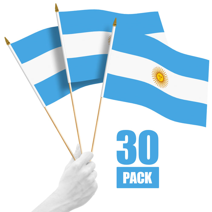 G128 30 Pack Handheld Argentina Argentinian Stick Flags | 12x18 In | Printed 150D Polyester, Country Flag, Solid Wooden Stick, Spear Gold Tip