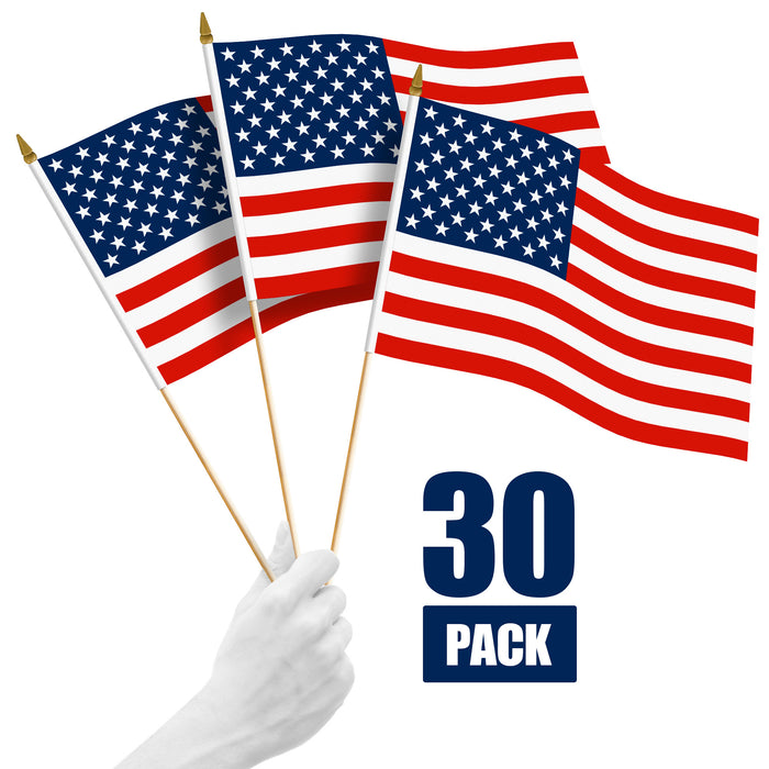 G128 30 Pack Handheld American USA Stick Flags | 12x18 In | Printed 150D Polyester, Country Flag, Solid Wooden Stick, Spear Gold Tip, Great for Patriotic Decorations