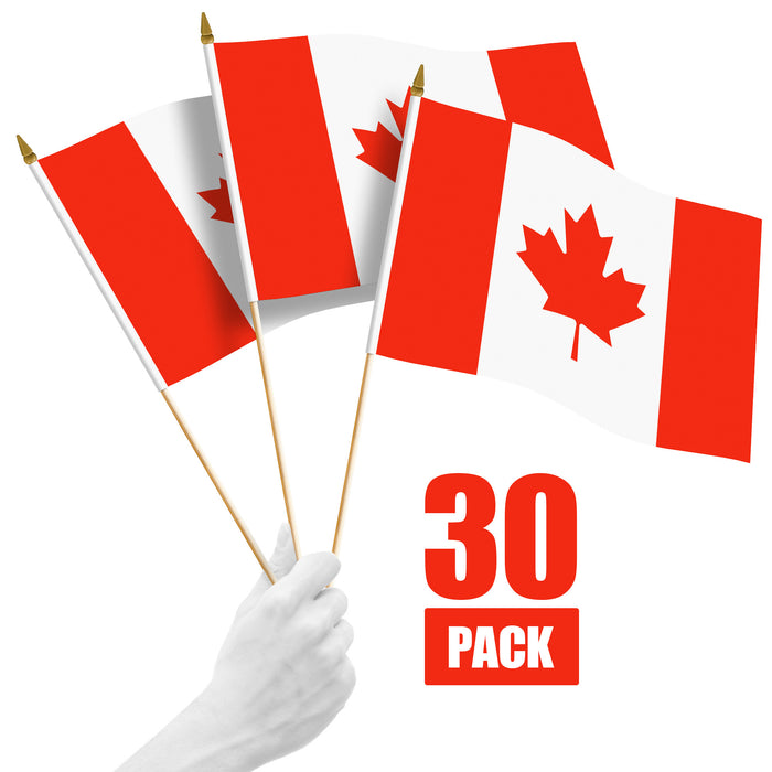 G128 30 Pack Handheld Canada Canadian Stick Flags | 12x18 In | Printed 150D Polyester, Country Flag, Solid Wooden Stick, Spear Gold Tip