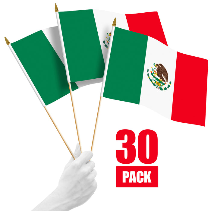 G128 30 Pack Handheld Mexico Mexican Stick Flags | 12x18 In | Printed 150D Polyester, Country Flag, Solid Wooden Stick, Spear Gold Tip
