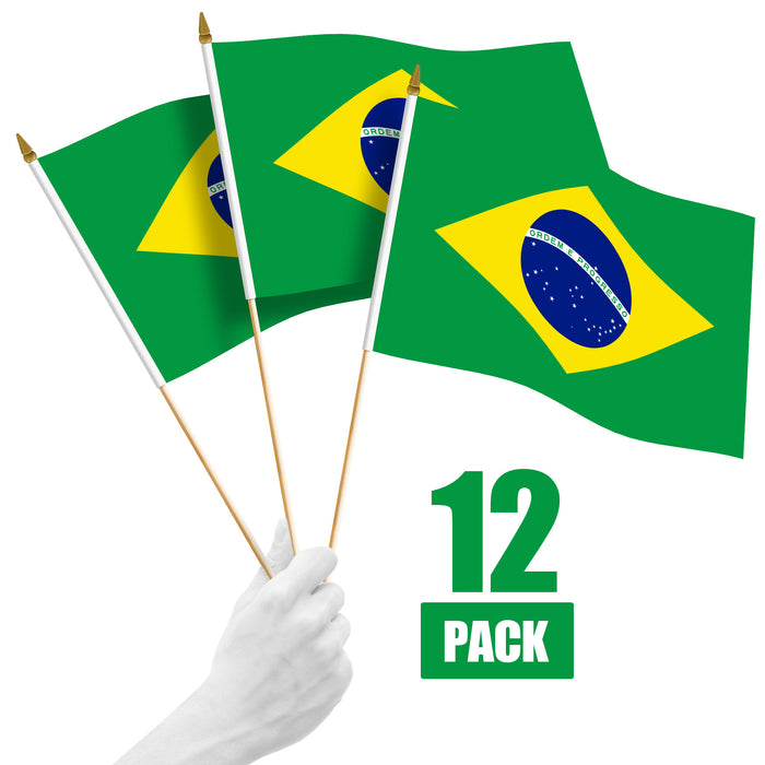 G128 12 Pack Handheld Brazil Brazilian Stick Flags | 12x18 In | Printed 150D Polyester, Country Flag, Solid Wooden Stick, Spear Gold Tip