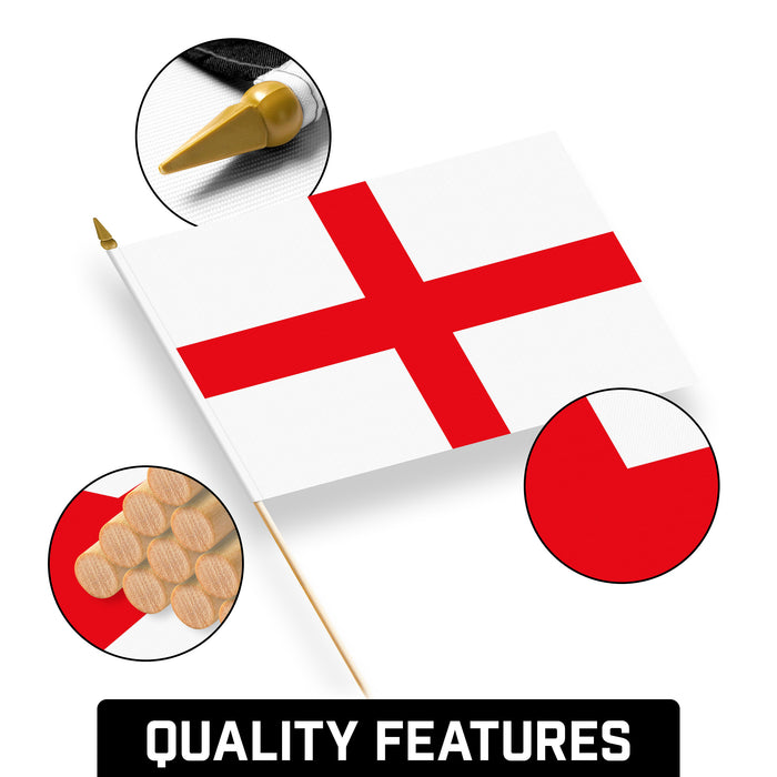 G128 30 Pack Handheld England English Stick Flags | 12x18 In | Printed 150D Polyester, Country Flag, Solid Wooden Stick, Spear Gold Tip