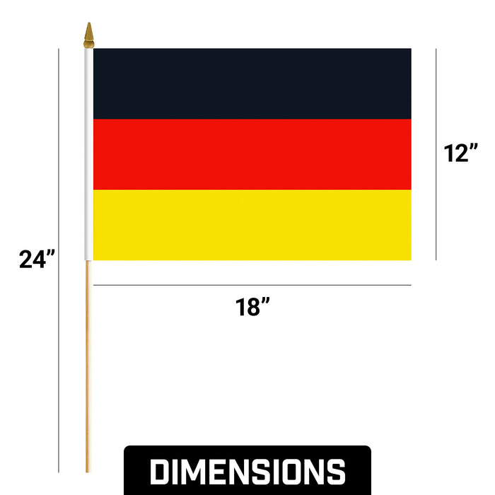 G128 24 Pack Handheld Germany German Stick Flags | 12x18 In | Printed 150D Polyester, Country Flag, Solid Wooden Stick, Spear Gold Tip