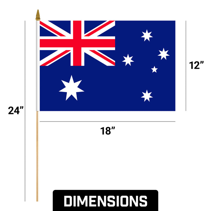 G128 12 Pack Handheld Australia Australian Stick Flags | 12x18 In | Printed 150D Polyester, Country Flag, Solid Wooden Stick, Spear Gold Tip