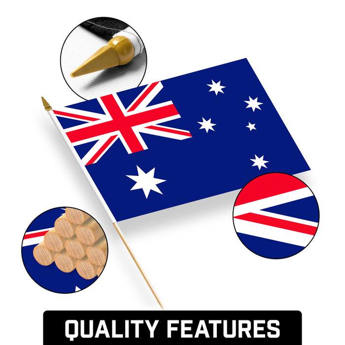 G128 50 Pack Handheld Australia Australian Stick Flags | 12x18 In | Printed 150D Polyester, Country Flag, Solid Wooden Stick, Spear Gold Tip