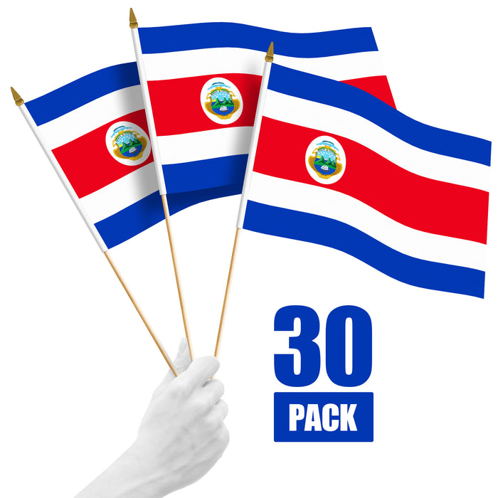G128 30 Pack Handheld Costa Rica Costa Rican Stick Flags | 12x18 In | Printed 150D Polyester, Country Flag, Solid Wooden Stick, Spear Gold Tip
