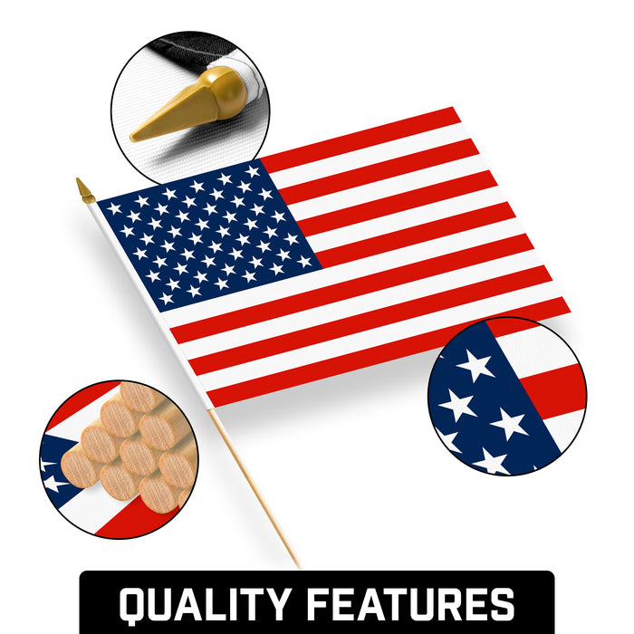 G128 24 Pack Handheld American USA Stick Flags | 12x18 In | Printed 150D Polyester, Country Flag, Solid Wooden Stick, Spear Gold Tip, Great for Patriotic Decorations