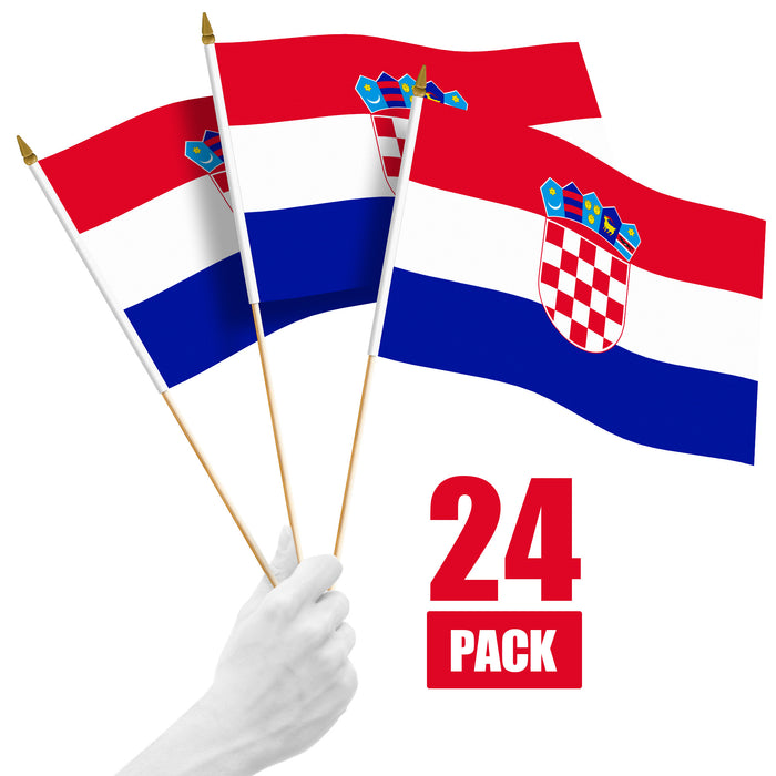 G128 24 Pack Handheld Croatia Croatian Stick Flags | 12x18 In | Printed 150D Polyester, Country Flag, Solid Wooden Stick, Spear Gold Tip