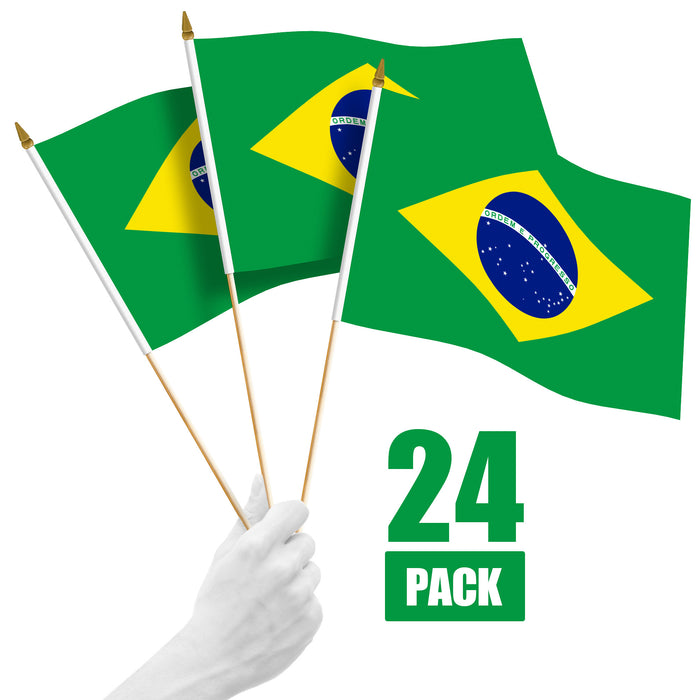 G128 24 Pack Handheld Brazil Brazilian Stick Flags | 12x18 In | Printed 150D Polyester, Country Flag, Solid Wooden Stick, Spear Gold Tip