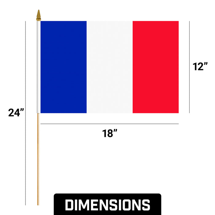 G128 30 Pack Handheld France French Stick Flags | 12x18 In | Printed 150D Polyester, Country Flag, Solid Wooden Stick, Spear Gold Tip