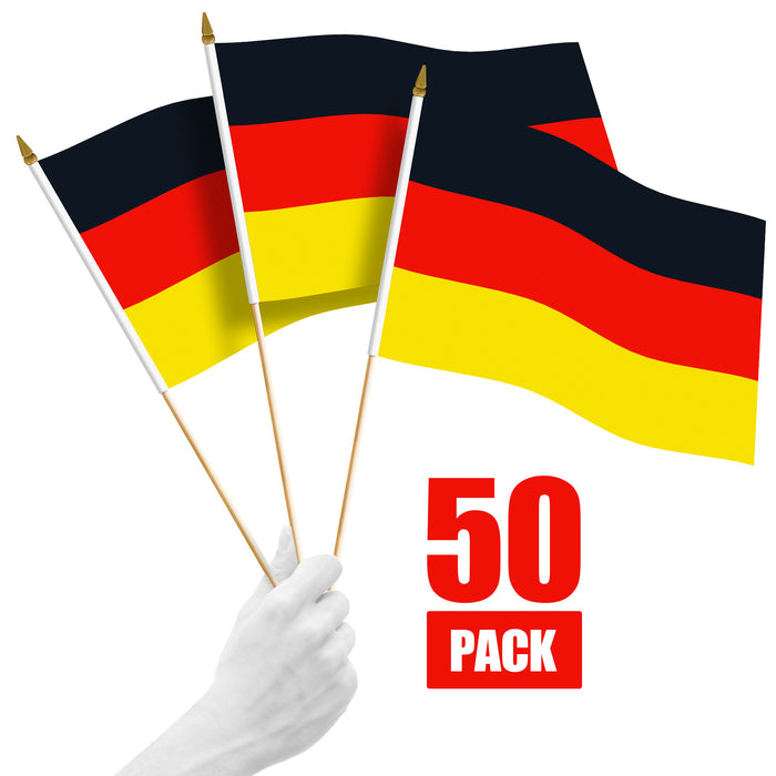 G128 50 Pack Handheld Germany German Stick Flags | 12x18 In | Printed 150D Polyester, Country Flag, Solid Wooden Stick, Spear Gold Tip