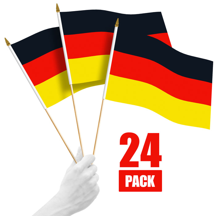 G128 24 Pack Handheld Germany German Stick Flags | 12x18 In | Printed 150D Polyester, Country Flag, Solid Wooden Stick, Spear Gold Tip