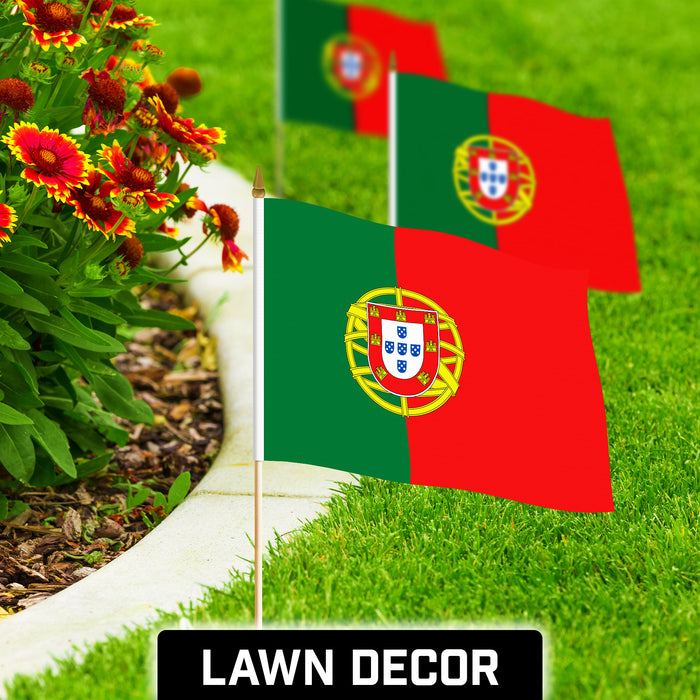 G128 12 Pack Handheld Portugal Portuguese Stick Flags | 12x18 In | Printed 150D Polyester, Country Flag, Solid Wooden Stick, Spear Gold Tip