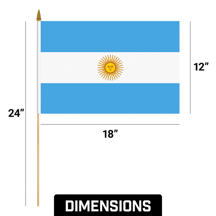 G128 50 Pack Handheld Argentina Argentinian Stick Flags | 12x18 In | Printed 150D Polyester, Country Flag, Solid Wooden Stick, Spear Gold Tip