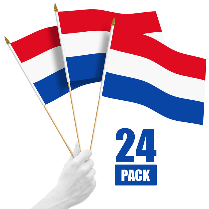 G128 24 Pack Handheld Netherlands Dutch Stick Flags | 12x18 In | Printed 150D Polyester, Country Flag, Solid Wooden Stick, Spear Gold Tip