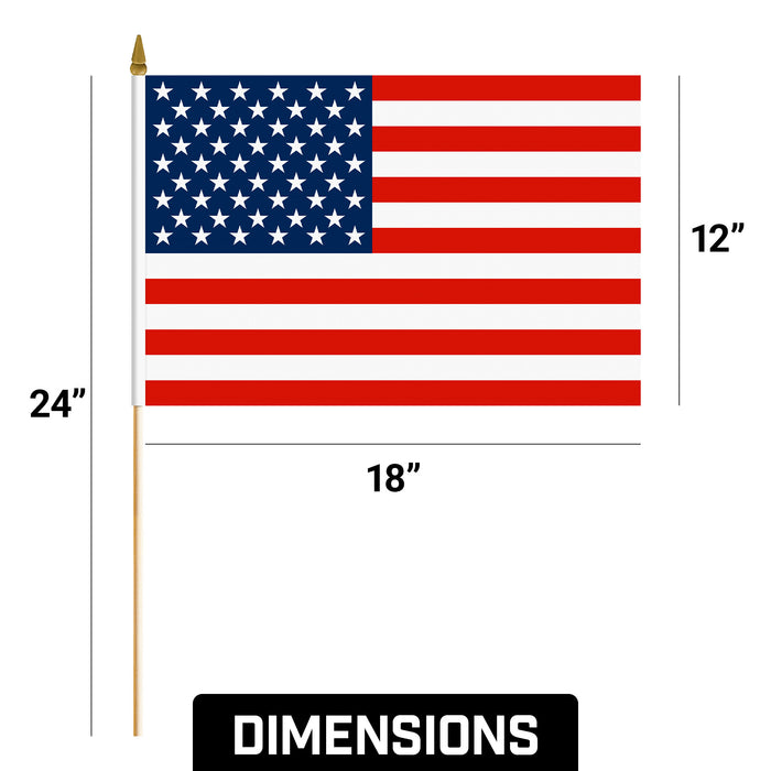 G128 50 Pack Handheld American USA Stick Flags | 12x18 In | Printed 150D Polyester, Country Flag, Solid Wooden Stick, Spear Gold Tip, Great for Patriotic Decorations