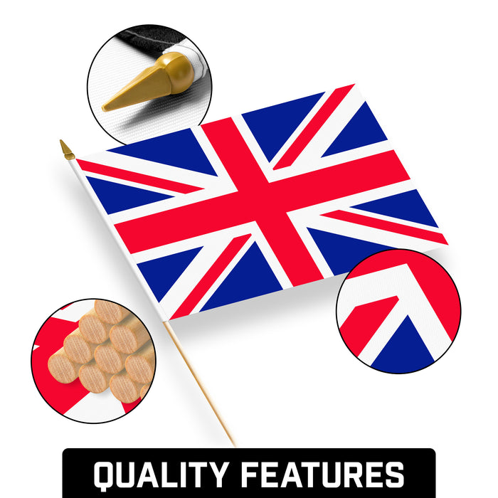 G128 50 Pack Handheld United Kingdom UK Stick Flags | 12x18 In | Printed 150D Polyester, Country Flag, Solid Wooden Stick, Spear Gold Tip
