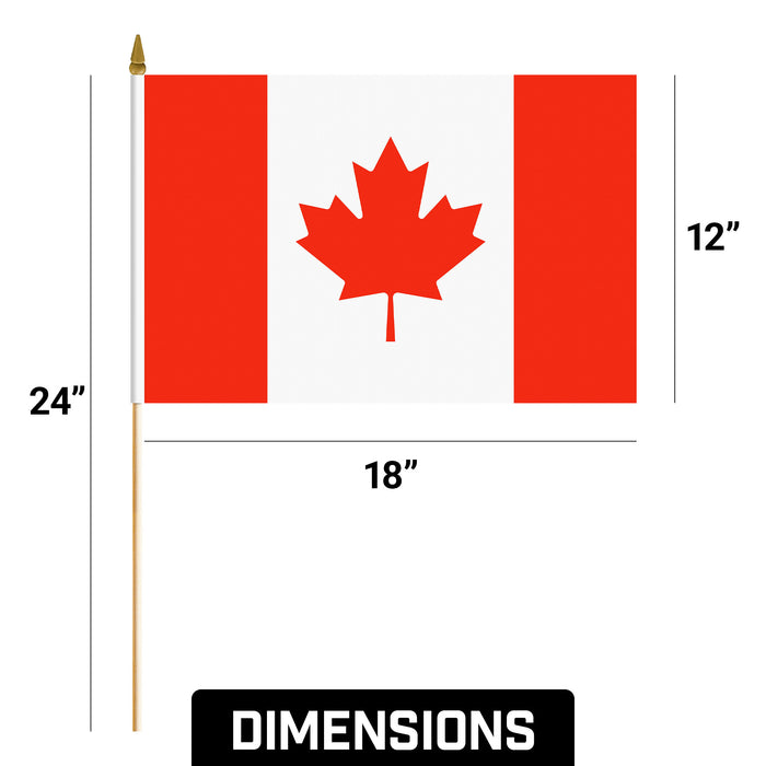 G128 30 Pack Handheld Canada Canadian Stick Flags | 12x18 In | Printed 150D Polyester, Country Flag, Solid Wooden Stick, Spear Gold Tip