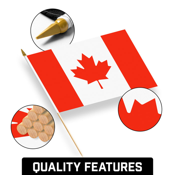 G128 12 Pack Handheld Canada Canadian Stick Flags | 12x18 In | Printed 150D Polyester, Country Flag, Solid Wooden Stick, Spear Gold Tip