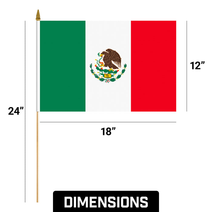 G128 30 Pack Handheld Mexico Mexican Stick Flags | 12x18 In | Printed 150D Polyester, Country Flag, Solid Wooden Stick, Spear Gold Tip