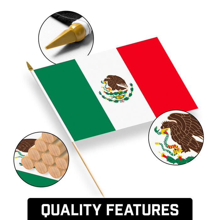 G128 12 Pack Handheld Mexico Mexican Stick Flags | 12x18 In | Printed 150D Polyester, Country Flag, Solid Wooden Stick, Spear Gold Tip