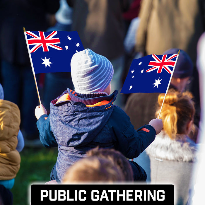 G128 50 Pack Handheld Australia Australian Stick Flags | 12x18 In | Printed 150D Polyester, Country Flag, Solid Wooden Stick, Spear Gold Tip