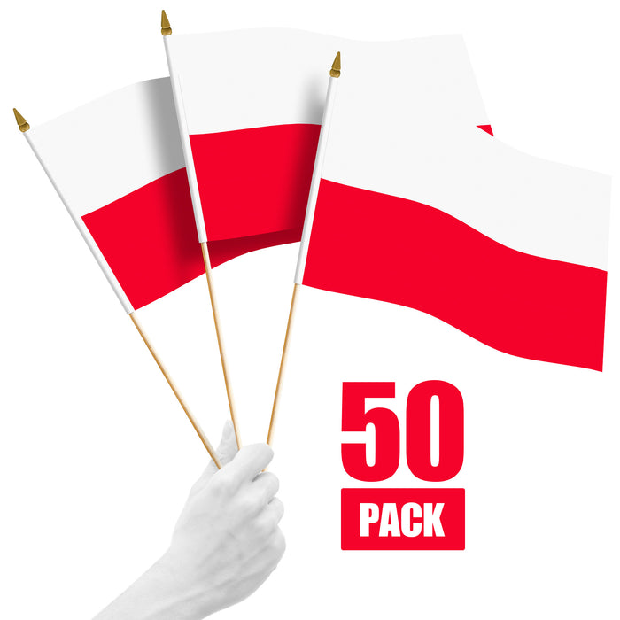 G128 50 Pack Handheld Poland Polish Stick Flags | 12x18 In | Printed 150D Polyester, Country Flag, Solid Wooden Stick, Spear Gold Tip