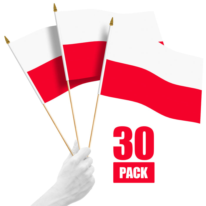 G128 30 Pack Handheld Poland Polish Stick Flags | 12x18 In | Printed 150D Polyester, Country Flag, Solid Wooden Stick, Spear Gold Tip