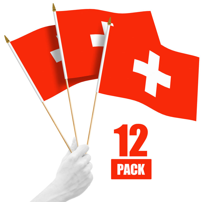 G128 12 Pack Handheld Switzerland Swiss Stick Flags | 12x18 In | Printed 150D Polyester, Country Flag, Solid Wooden Stick, Spear Gold Tip