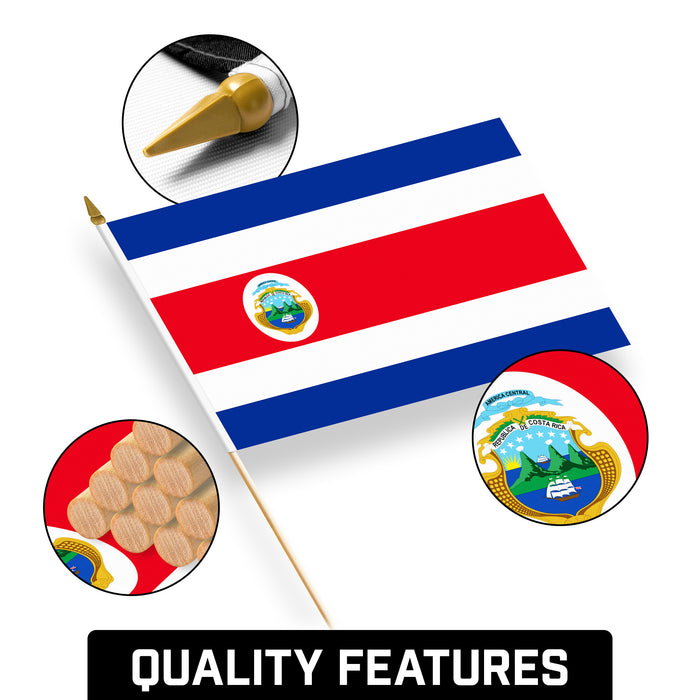 G128 24 Pack Handheld Costa Rica Costa Rican Stick Flags | 12x18 In | Printed 150D Polyester, Country Flag, Solid Wooden Stick, Spear Gold Tip