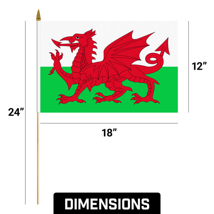 G128 50 Pack Handheld Wales Welsh Stick Flags | 12x18 In | Printed 150D Polyester, Country Flag, Solid Wooden Stick, Spear Gold Tip