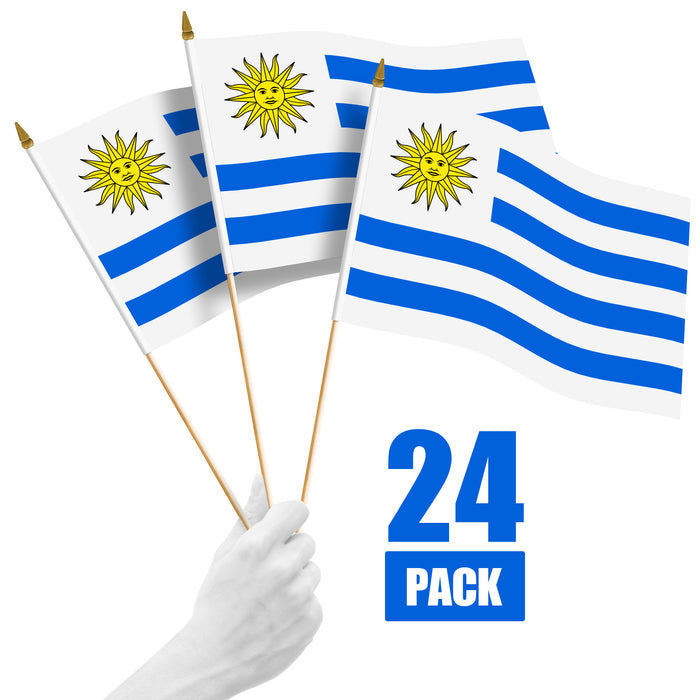G128 24 Pack Handheld Uruguay Uruguayan Stick Flags | 12x18 In | Printed 150D Polyester, Country Flag, Solid Wooden Stick, Spear Gold Tip