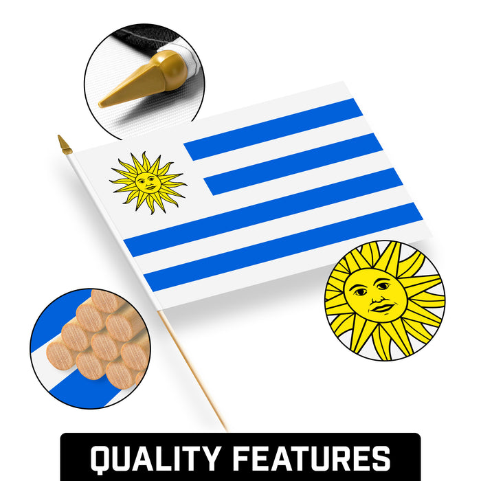 G128 24 Pack Handheld Uruguay Uruguayan Stick Flags | 12x18 In | Printed 150D Polyester, Country Flag, Solid Wooden Stick, Spear Gold Tip