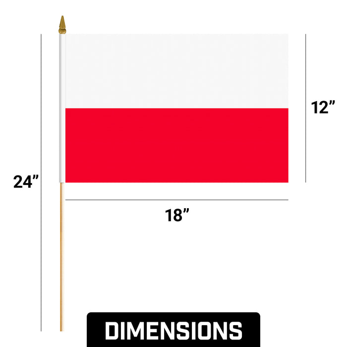 G128 30 Pack Handheld Poland Polish Stick Flags | 12x18 In | Printed 150D Polyester, Country Flag, Solid Wooden Stick, Spear Gold Tip