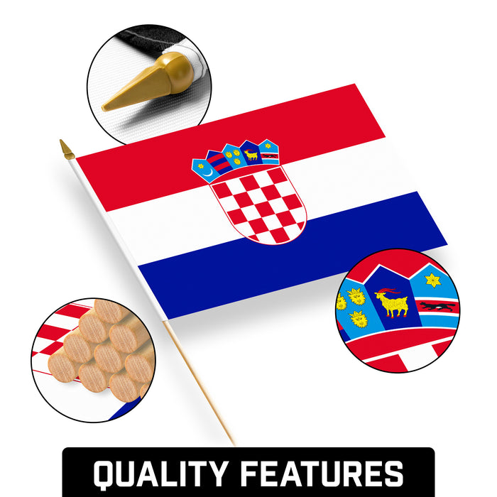 G128 24 Pack Handheld Croatia Croatian Stick Flags | 12x18 In | Printed 150D Polyester, Country Flag, Solid Wooden Stick, Spear Gold Tip