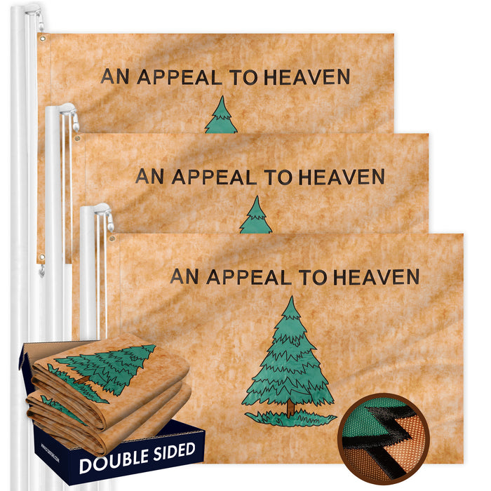 G128 3 Pack: An Appeal to Heaven Tea-Stained Flag | 3x5 Ft | Double ToughWeave Pro Series Double Sided Embroidered 420D Poly | Historical Flag, Embroidered Design, Brass Grommets, 2-ply