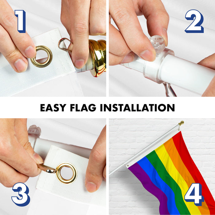 G128 Combo Pack: 6 Ft Tangle Free Aluminum Spinning Flagpole (White) & LGBT Rainbow Pride Flag 3x5 Ft, LiteWeave Pro Series Printed 150D Polyester | Pole with Flag Included