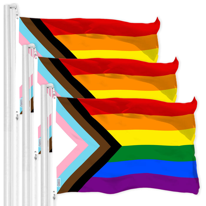 G128 3 Pack: LGBT Progress Rainbow Pride Flag | 3x5 Ft | LiteWeave Pro Series Printed 150D Polyester | Indoor/Outdoor, Vibrant Colors, Brass Grommets, Thicker and More Durable Than 100D 75D Polyester