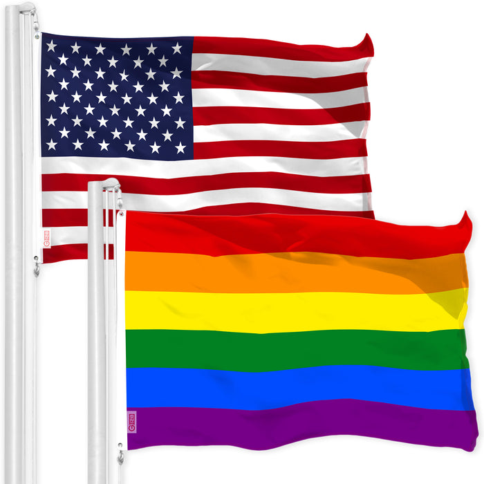 G128 Combo Pack: American USA Flag 3x5 Ft & LGBT Rainbow Pride Flag 3x5 Ft | Both LiteWeave Pro Series Printed 150D Polyester, Brass Grommets