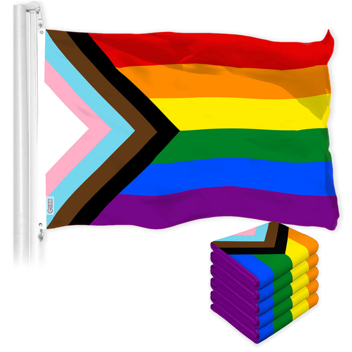 G128 5 Pack: LGBT Progress Rainbow Pride Flag | 3x5 Ft | LiteWeave Pro Series Printed 150D Polyester | Indoor/Outdoor, Vibrant Colors, Brass Grommets, Thicker and More Durable Than 100D 75D Polyester